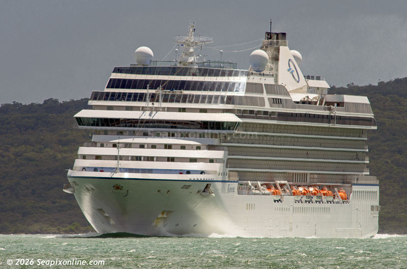 Oceania Cruiseâ€™s RIVIERA (2012/IMO 9438078/66172gt/7662dwt/1252 passengers/800 crew) arrived into Auckland yesterday (23 Jan) from the Bay of Islands. Her maiden call at Auckland, she departs on Sunday evening (25th) at 2000hrs bound for Tauranga. She is managed by NCL Bahamas Ltd and owned by Norwegian Cruise Line Holdings, both of the US.

  23 January 2026. Photo by  © 2026 SeapixOnline.com